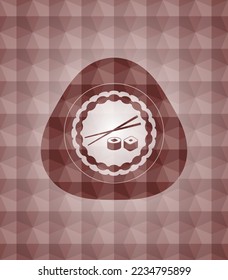 sushi icon inside red badge with geometric background. Seamless. 
