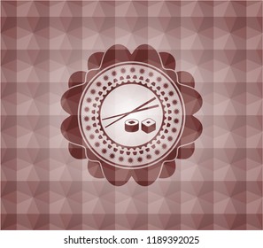 sushi icon inside red emblem with geometric pattern. Seamless.