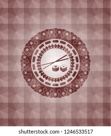 sushi icon inside red emblem with geometric pattern. Seamless.