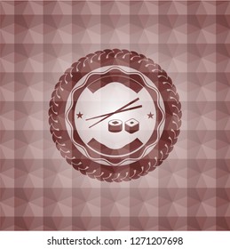 sushi icon inside red emblem with geometric pattern. Seamless.