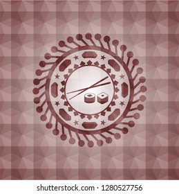 sushi icon inside red emblem with geometric pattern background. Seamless.