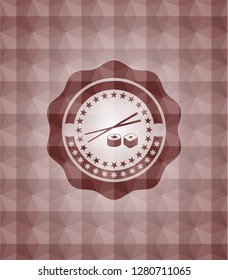 sushi icon inside red emblem with geometric pattern background. Seamless.