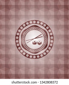 sushi icon inside red emblem with geometric pattern background. Seamless.