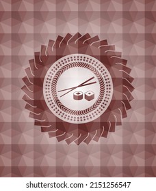 sushi icon inside red geometric pattern emblem. Seamless. 