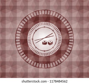 sushi icon inside red seamless geometric emblem.