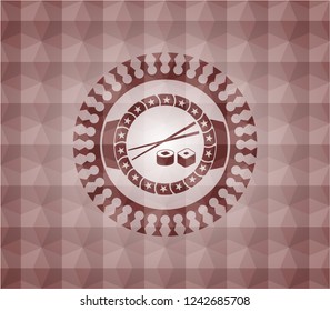 sushi icon inside red seamless emblem or badge with abstract geometric polygonal pattern background.