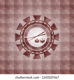 sushi icon inside red seamless badge with geometric pattern background.