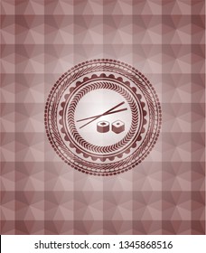 sushi icon inside red seamless emblem with geometric background.