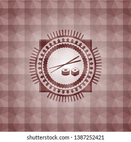 sushi icon inside red seamless emblem or badge with abstract geometric pattern background.