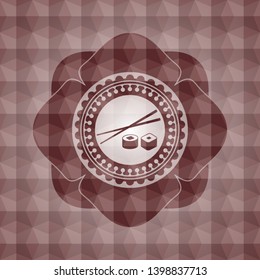 sushi icon inside red seamless emblem with geometric pattern background.