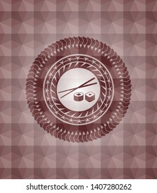 sushi icon inside red seamless badge with geometric pattern background.