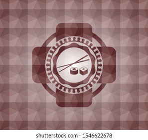 sushi icon inside red seamless badge with geometric pattern background.