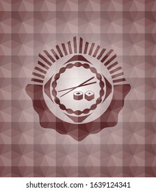 sushi icon inside red seamless emblem or badge with abstract geometric pattern background.