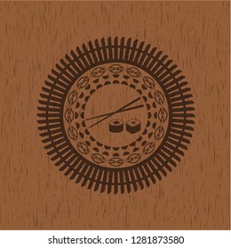 sushi icon inside retro style wooden emblem