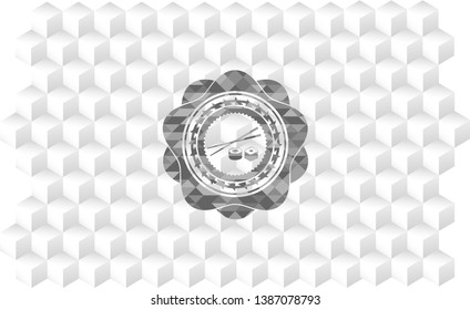 sushi icon inside retro style grey emblem with geometric cube white background