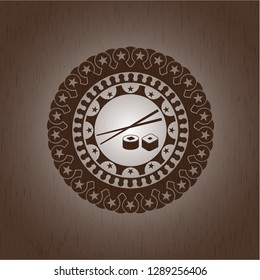 sushi icon inside retro wooden emblem