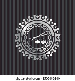 sushi icon inside silver badge or emblem
