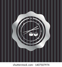 sushi icon inside silvery emblem or badge
