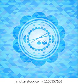sushi icon inside sky blue emblem with triangle mosaic background