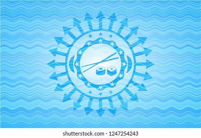 sushi icon inside sky blue water wave badge.