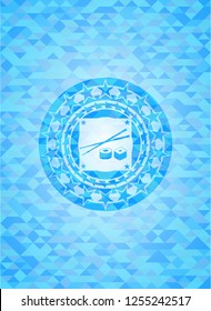 sushi icon inside sky blue emblem. Mosaic background