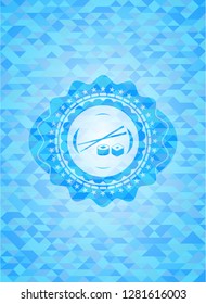sushi icon inside sky blue mosaic emblem