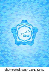 sushi icon inside sky blue emblem with mosaic ecological style background