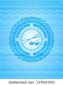 sushi icon inside sky blue water badge background.