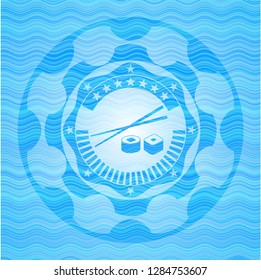 sushi icon inside water wave style emblem.