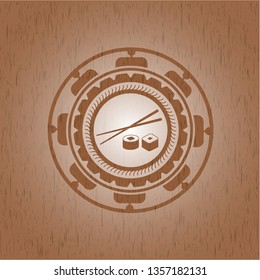 sushi icon inside wood emblem. Vintage.