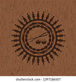sushi icon inside wood emblem. Vintage.