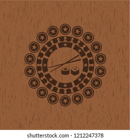 sushi icon inside wooden emblem. Retro