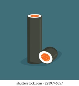 Sushi icon. Maki roll with salmon. Traditional Asian food. Japanese dish. Vector illustration in trendy flat style isolated.