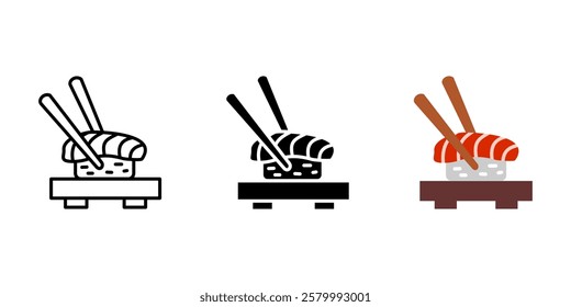 Sushi icon. Nigiri with chopsticks sign. Traditional Japanese food symbol. Fresh salmon on rice pictogram. Asian cuisine meal illustration.