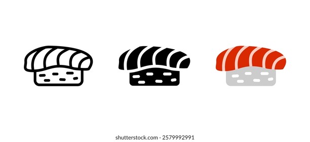 Sushi icon. Nigiri with salmon sign. Traditional Japanese food symbol. Fresh seafood on rice pictogram. Asian cuisine meal illustration.