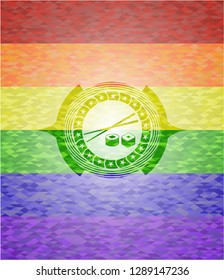 sushi icon on mosaic background with the colors of the LGBT flag
