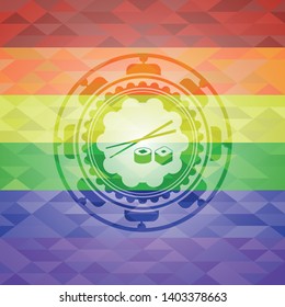 sushi icon on mosaic background with the colors of the LGBT flag