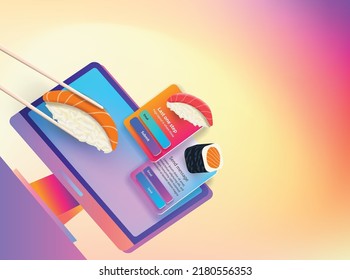 sushi icon on the office computer screen. Vector banner