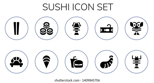 sushi icon set. 10 filled sushi icons.  Collection Of - Chopsticks, Dumpling, Sushi, Clam, Lobster, Fast food, Tuna, Shrimp
