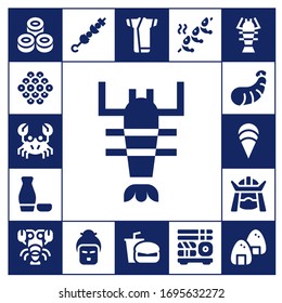 sushi icon set. 17 filled sushi icons. Included Sushi, Caviar, Crab, Lobster, Sake, Shrimp, Clam, Samurai, Brochette, Geisha, Kimono, Fast food, Onigiri icons