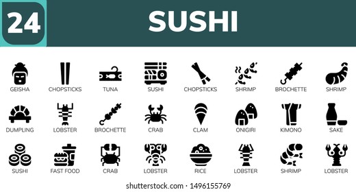 sushi icon set. 24 filled sushi icons.  Simple modern icons about  - Geisha, Chopsticks, Tuna, Sushi, Shrimp, Brochette, Dumpling, Lobster, Crab, Clam, Onigiri, Kimono, Sake, Fast food