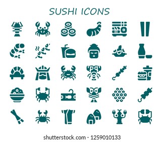  sushi icon set. 30 filled sushi icons. Simple modern icons about  - Lobster, Crab, Sushi, Shrimp, Chopsticks, Fast food, Geisha, Rice, Sake, Dumpling, Samurai, Brochette, Tuna