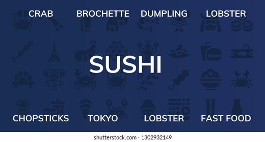  sushi icon set. 32 filled sushi icons. on blue background style Simple modern icons about  - Crab, Brochette, Dumpling, Lobster, Chopsticks, Tokyo, Fast food, Kimono, Shrimp