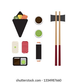 Sushi icon set design with hand roll sushi, salmon, squid, octopus, raw fish, tuna, sashimi, onigiri, soy sauce and chopsticks. Flat style, Vector illustration. 