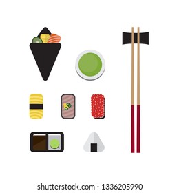 Sushi icon set design with rice ball, salmon temaki sushi, omelette, smoked tuna hot green tea and chopsticks. Flat style, Vector illustration. 