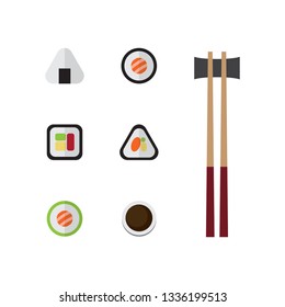 Sushi icon set design with sushi roll, rice ball, salmon temaki sushi and chopsticks. Flat style, Vector illustration. 