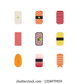 Sushi icon set design with squid, slamon sashimi, tuna, crab meal, omelette, ีurchin eggs, yellowtail and prawn. Flat style, Vector illustration.