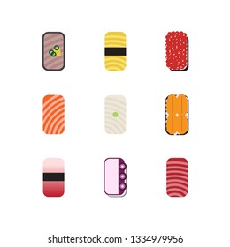 Sushi icon set design with tuna, omelette, salmon sashimi, roe, urchin eggs, squid, octopus and yellowtail. Flat style, Vector illustration. 
