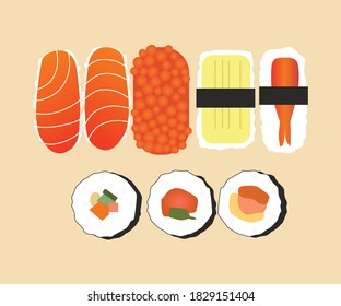 Sushi icon set . Different rolls with salmon avocado pepper cream cheese seaweed. Vector graphic illustration for food restaurants