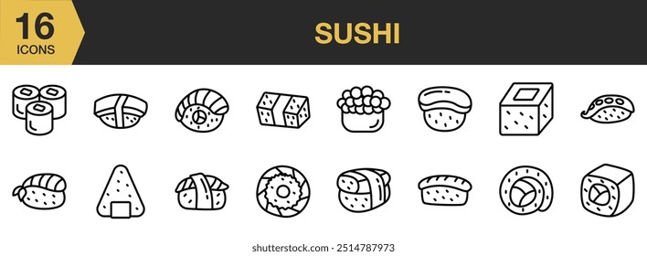 Conjunto de iconos de sushi. Incluye pescado, comida, comida, arroz, salmón, mariscos, sushi y más. Colección de Vector de iconos de contorno.